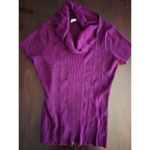United States Sweaters Purple Ribbed Cowl Neck Short Sleeve Knit Top Slim Fit